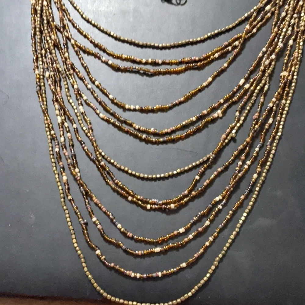 𝅺Brown Cream Neutral Tones Long Beaded Multi Strand Layered Statement Necklace